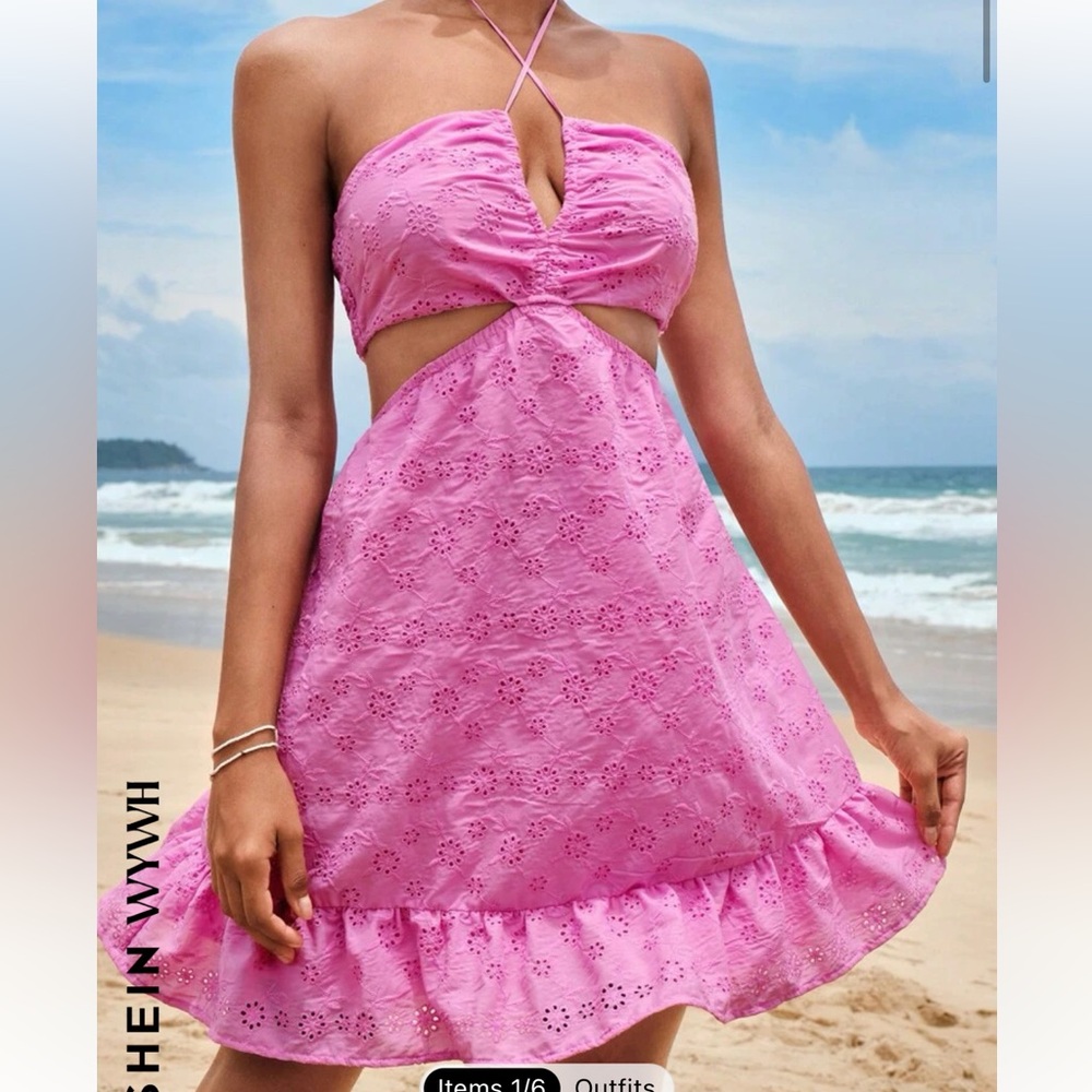 SHEIN/WYWH Eyelet Embroidery Cut Out Ruffle Hem Halter Neck Backless Dress